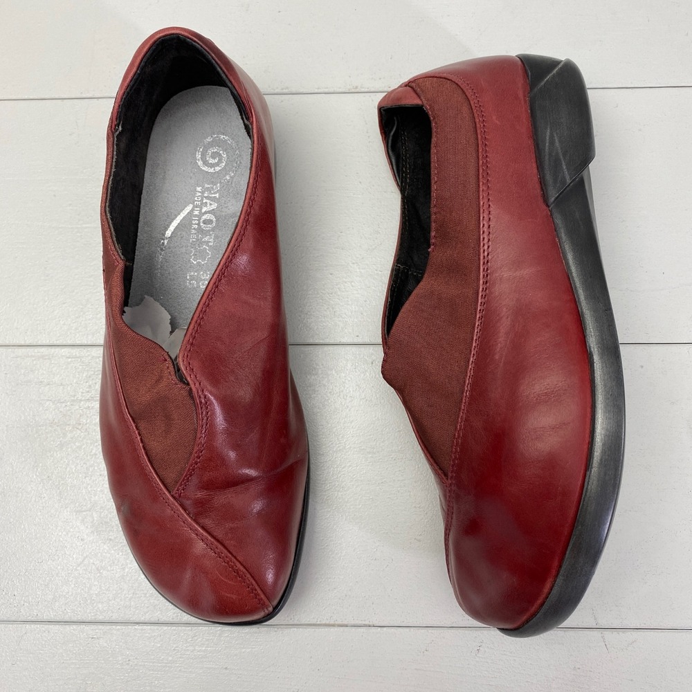 Naot Leather Slip On Shoes Womens 5 36 Red Low Wedge Comfort Loafers Walking